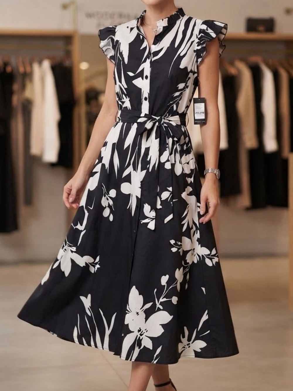 SHEIN Black & White Floral Tie-Waist Midi Dress